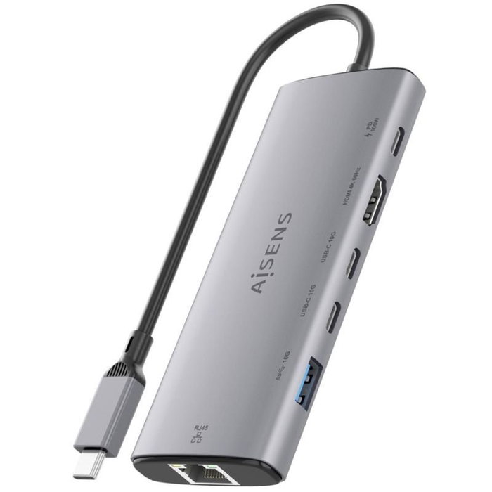 Aisens ASUC-6P030-GR Dock USB Tipo-C 6 en 1 con HDMI 4K 60Hz, 1xUSB-A 10Gbps, 2xUSB-C 10Gbps, 1xUSB-C PD 100W, 1xRJ45 Gigabit, Color Gris